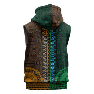 Green-gold Dashiki and Tapa Pattern Sleeveless Hoodie Africa-Polynesia Together Culture - African Pride
