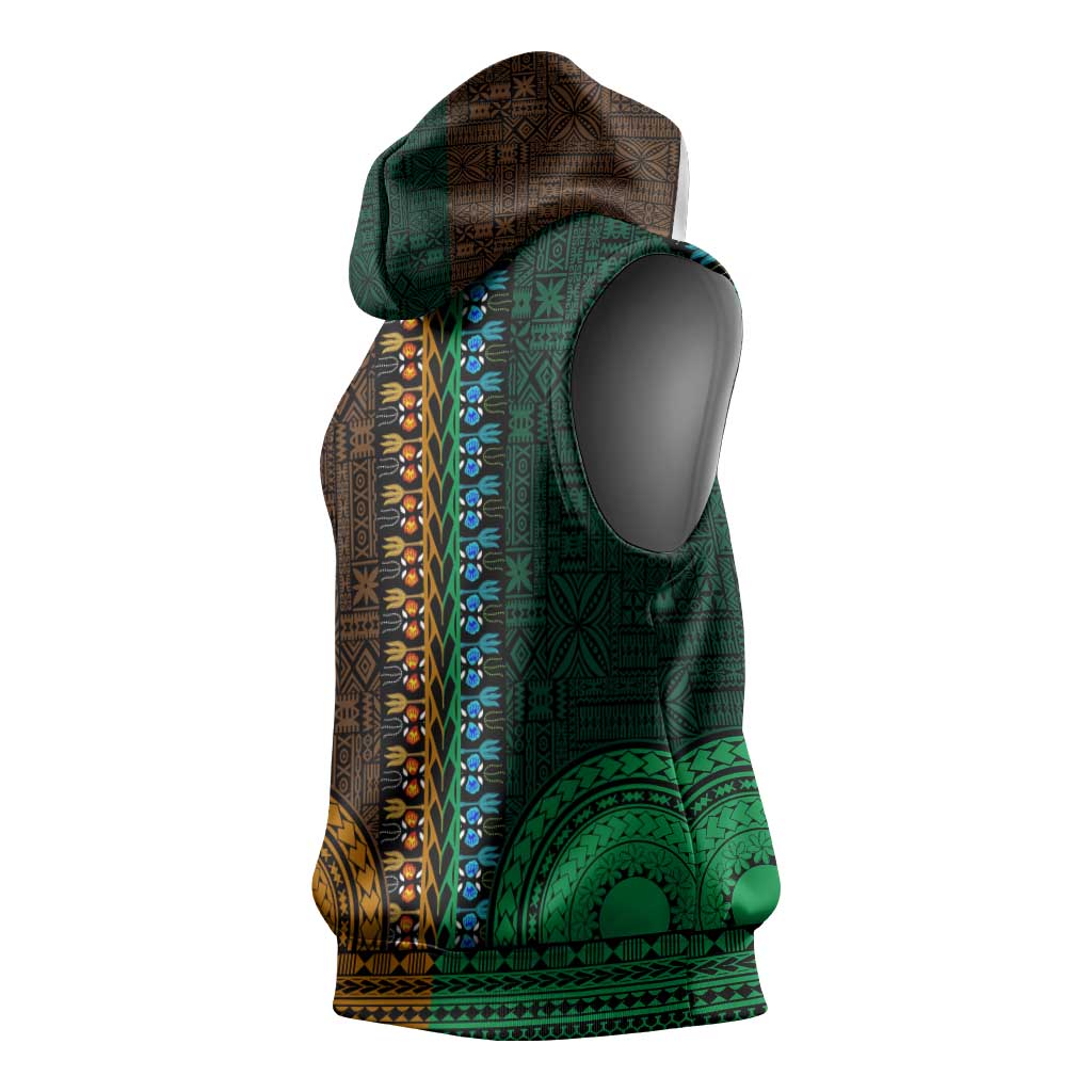 Green-gold Dashiki and Tapa Pattern Sleeveless Hoodie Africa-Polynesia Together Culture - African Pride
