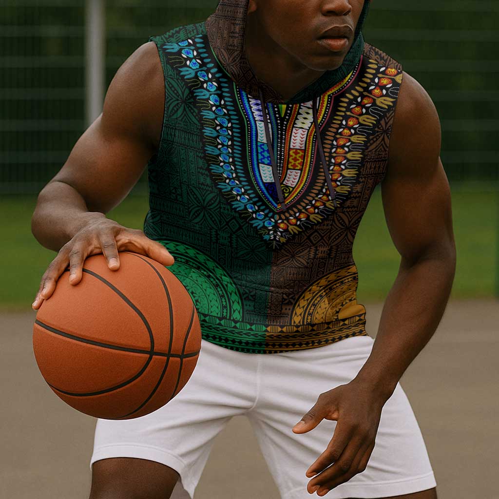 Green-gold Dashiki and Tapa Pattern Sleeveless Hoodie Africa-Polynesia Together Culture - African Pride