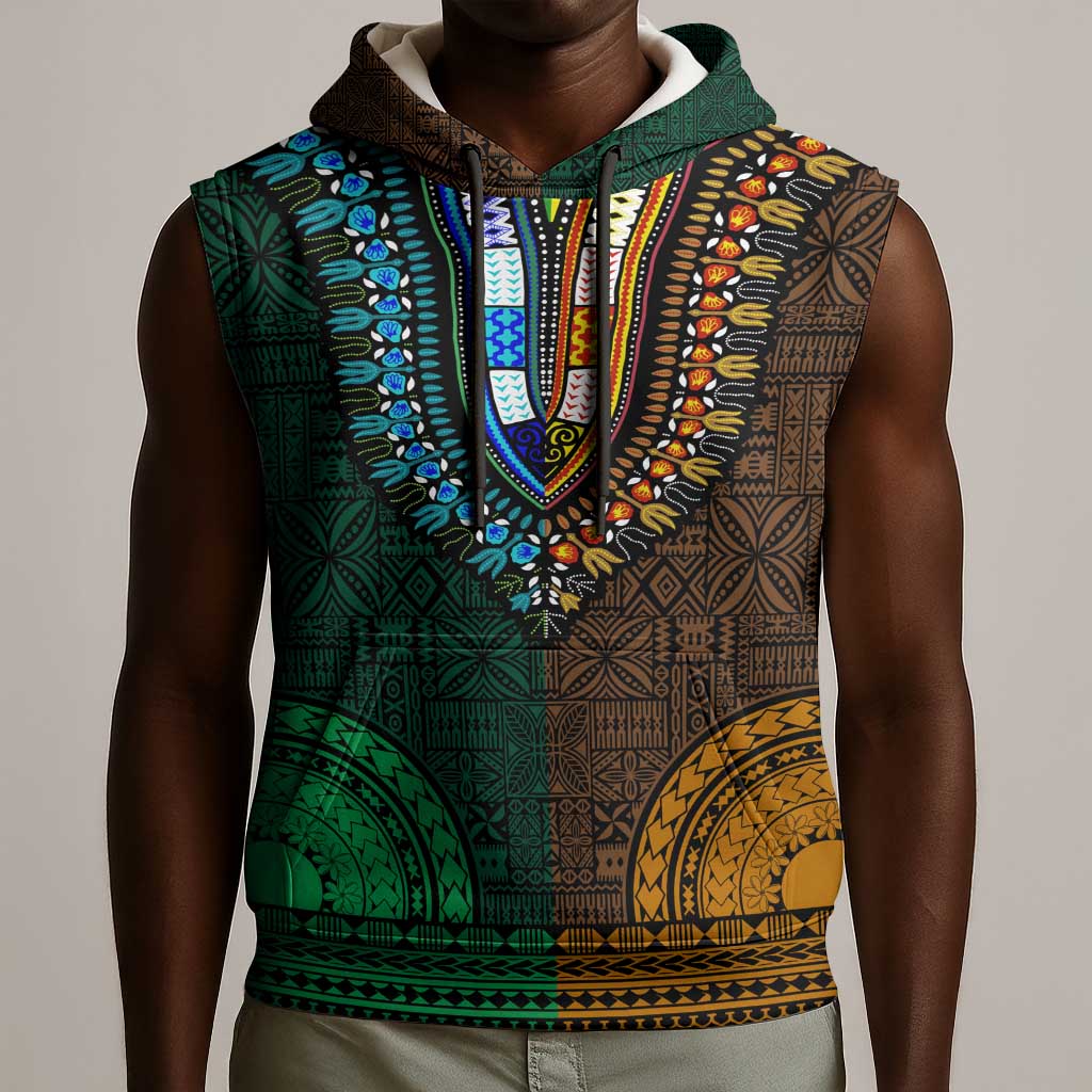 Green-gold Dashiki and Tapa Pattern Sleeveless Hoodie Africa-Polynesia Together Culture - African Pride