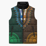 Green-gold Dashiki and Tapa Pattern Sleeveless Puffer Jacket Africa-Polynesia Together Culture