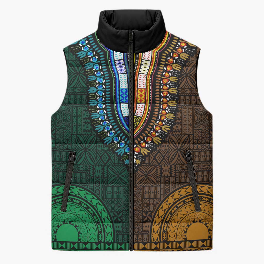 Green-gold Dashiki and Tapa Pattern Sleeveless Puffer Jacket Africa-Polynesia Together Culture