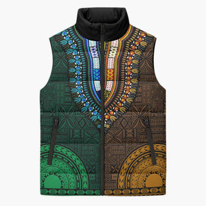 Green-gold Dashiki and Tapa Pattern Sleeveless Puffer Jacket Africa-Polynesia Together Culture