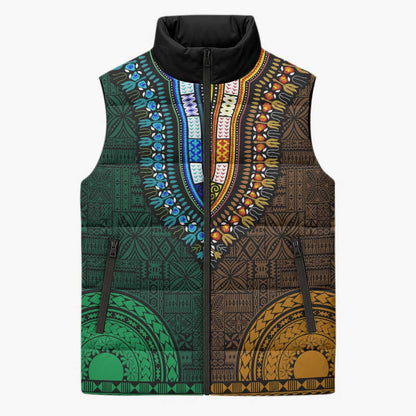 Green-gold Dashiki and Tapa Pattern Sleeveless Puffer Jacket Africa-Polynesia Together Culture