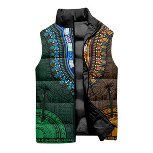 Green-gold Dashiki and Tapa Pattern Sleeveless Puffer Jacket Africa-Polynesia Together Culture