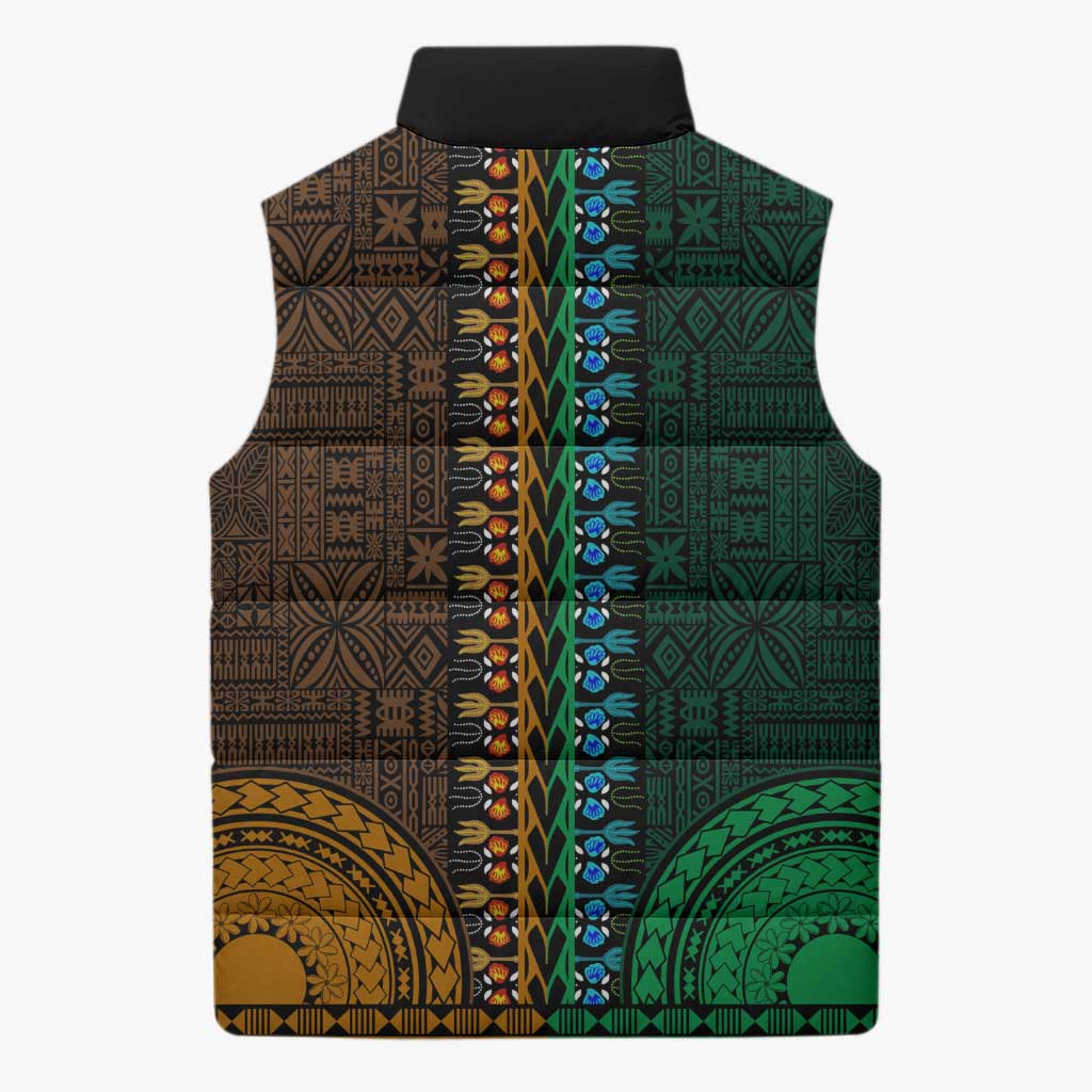 Green-gold Dashiki and Tapa Pattern Sleeveless Puffer Jacket Africa-Polynesia Together Culture