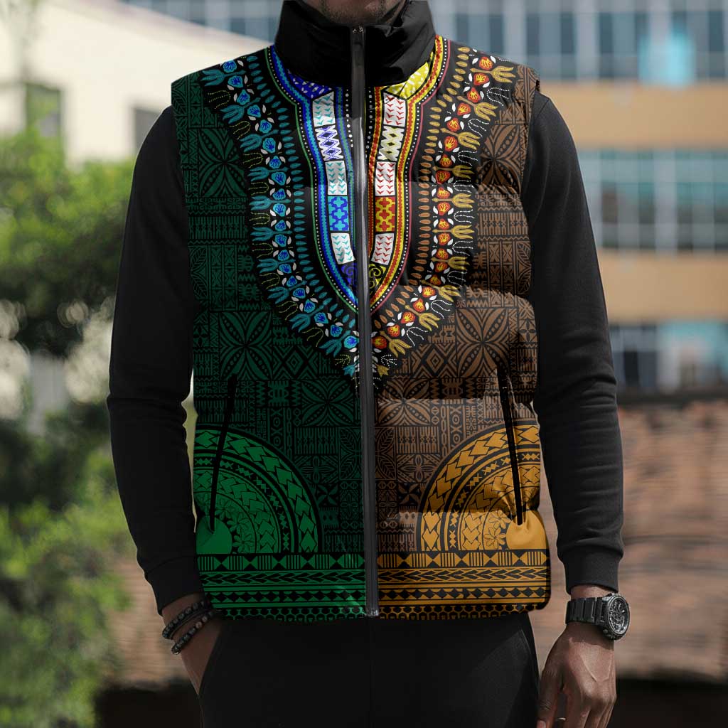 Green-gold Dashiki and Tapa Pattern Sleeveless Puffer Jacket Africa-Polynesia Together Culture