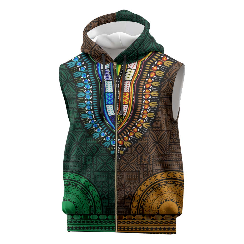 Green-gold Dashiki and Tapa Pattern Sleeveless Zip Hoodie Africa-Polynesia Together Culture - African Pride