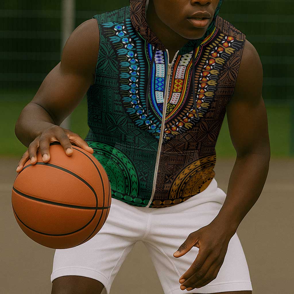 Green-gold Dashiki and Tapa Pattern Sleeveless Zip Hoodie Africa-Polynesia Together Culture - African Pride