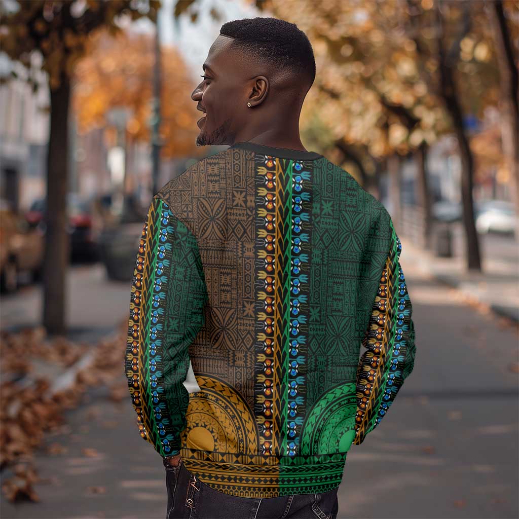 Green-gold Dashiki and Tapa Pattern Sweatshirt Africa-Polynesia Together Culture