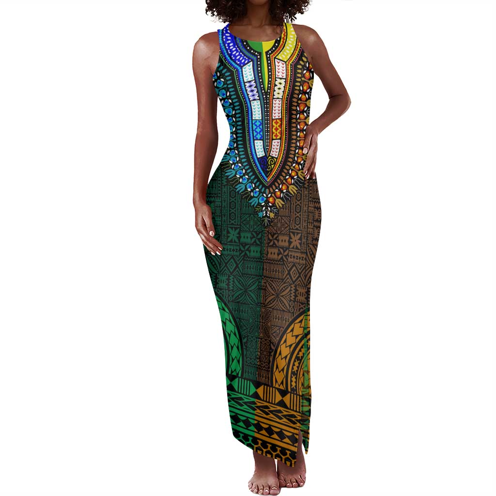 Green-gold Dashiki and Tapa Pattern Tank Maxi Dress Africa-Polynesia Together Culture