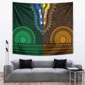 Green-gold Dashiki and Tapa Pattern Tapestry Africa-Polynesia Together Culture