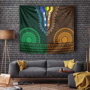 Green-gold Dashiki and Tapa Pattern Tapestry Africa-Polynesia Together Culture