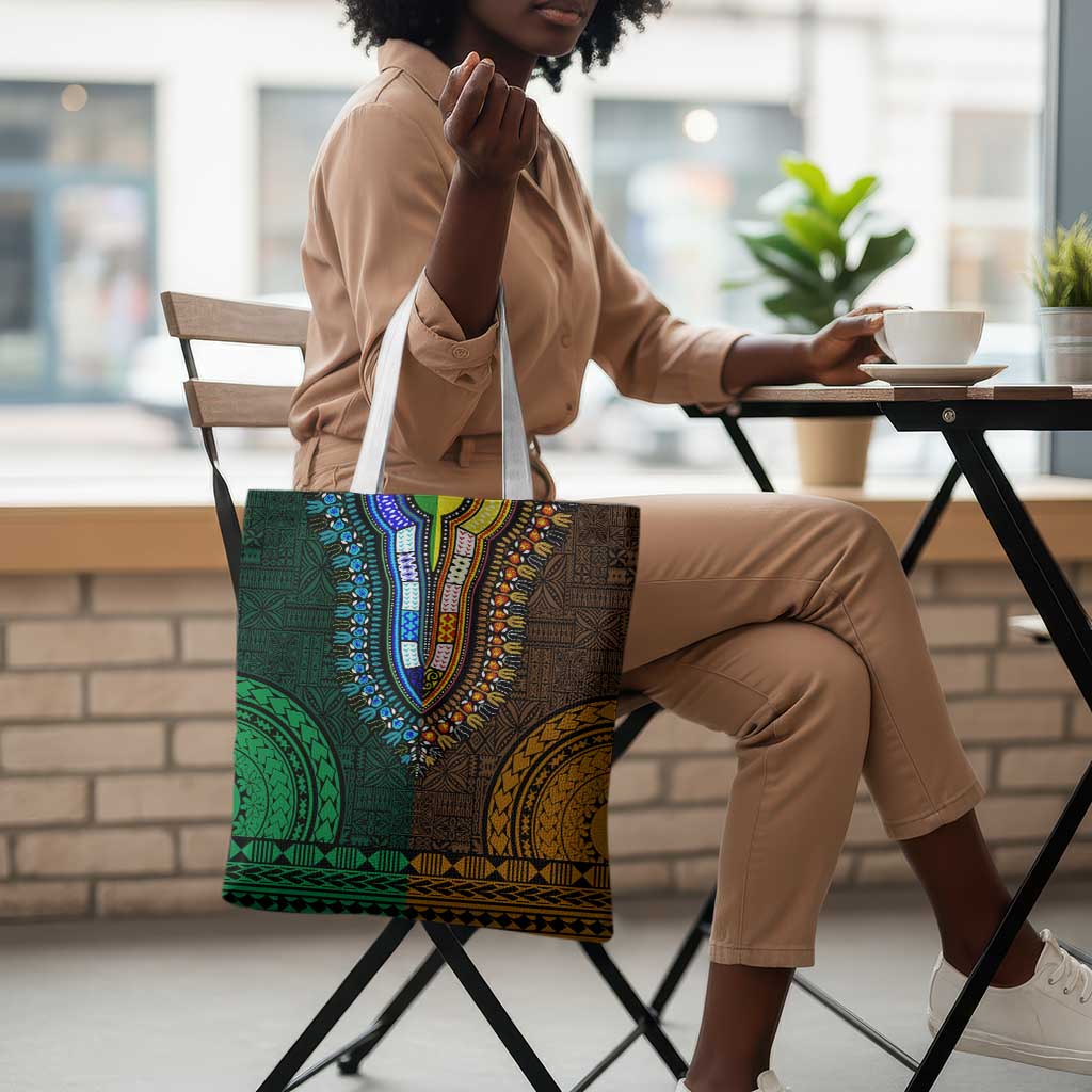 Green-gold Dashiki and Tapa Pattern Tote Bag Africa-Polynesia Together Culture