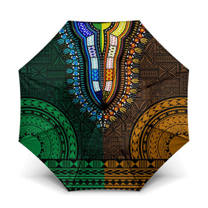 Green-gold Dashiki and Tapa Pattern Umbrella Africa-Polynesia Together Culture