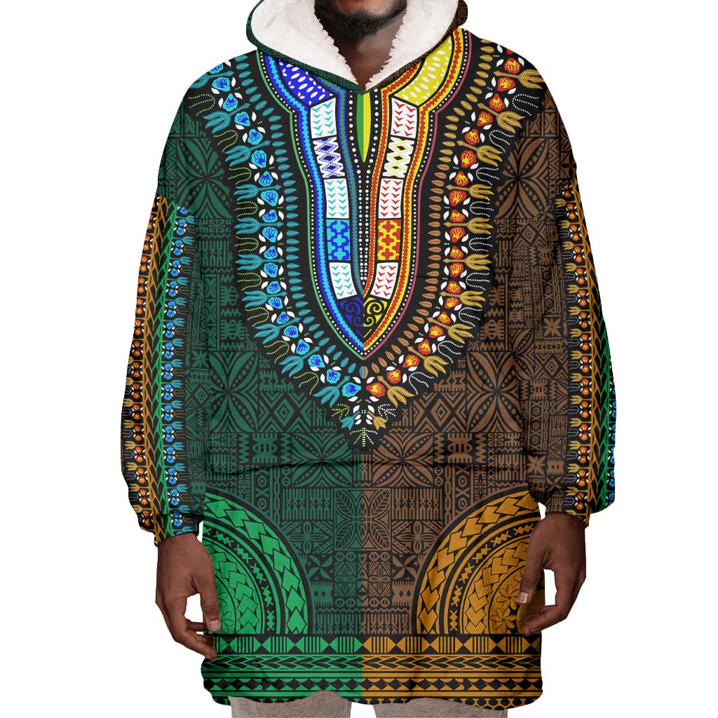 Green-gold Dashiki and Tapa Pattern Wearable Blanket Hoodie Africa-Polynesia Together Culture