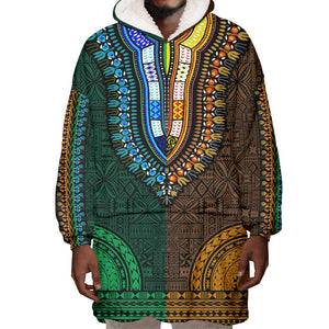 Green-gold Dashiki and Tapa Pattern Wearable Blanket Hoodie Africa-Polynesia Together Culture