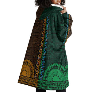 Green-gold Dashiki and Tapa Pattern Wearable Blanket Hoodie Africa-Polynesia Together Culture