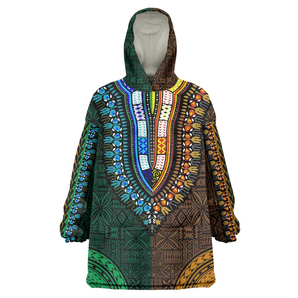 Green-gold Dashiki and Tapa Pattern Wearable Blanket Hoodie Africa-Polynesia Together Culture