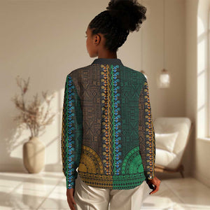 Green-gold Dashiki and Tapa Pattern Women Casual Shirt Africa-Polynesia Together Culture LT9