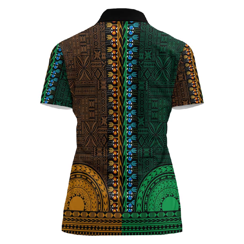Green-gold Dashiki and Tapa Pattern Women Polo Shirt Africa-Polynesia Together Culture