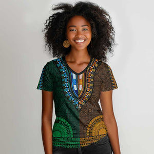 Green-gold Dashiki and Tapa Pattern Women V-Neck T-Shirt Africa-Polynesia Together Culture