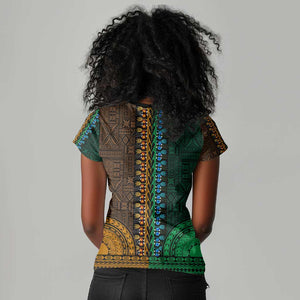Green-gold Dashiki and Tapa Pattern Women V-Neck T-Shirt Africa-Polynesia Together Culture