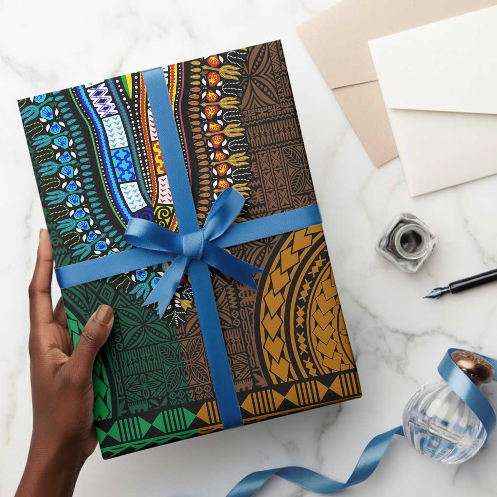 Green-gold Dashiki and Tapa Pattern Wrapping Paper Africa and Polynesia Together Culture - African Pride