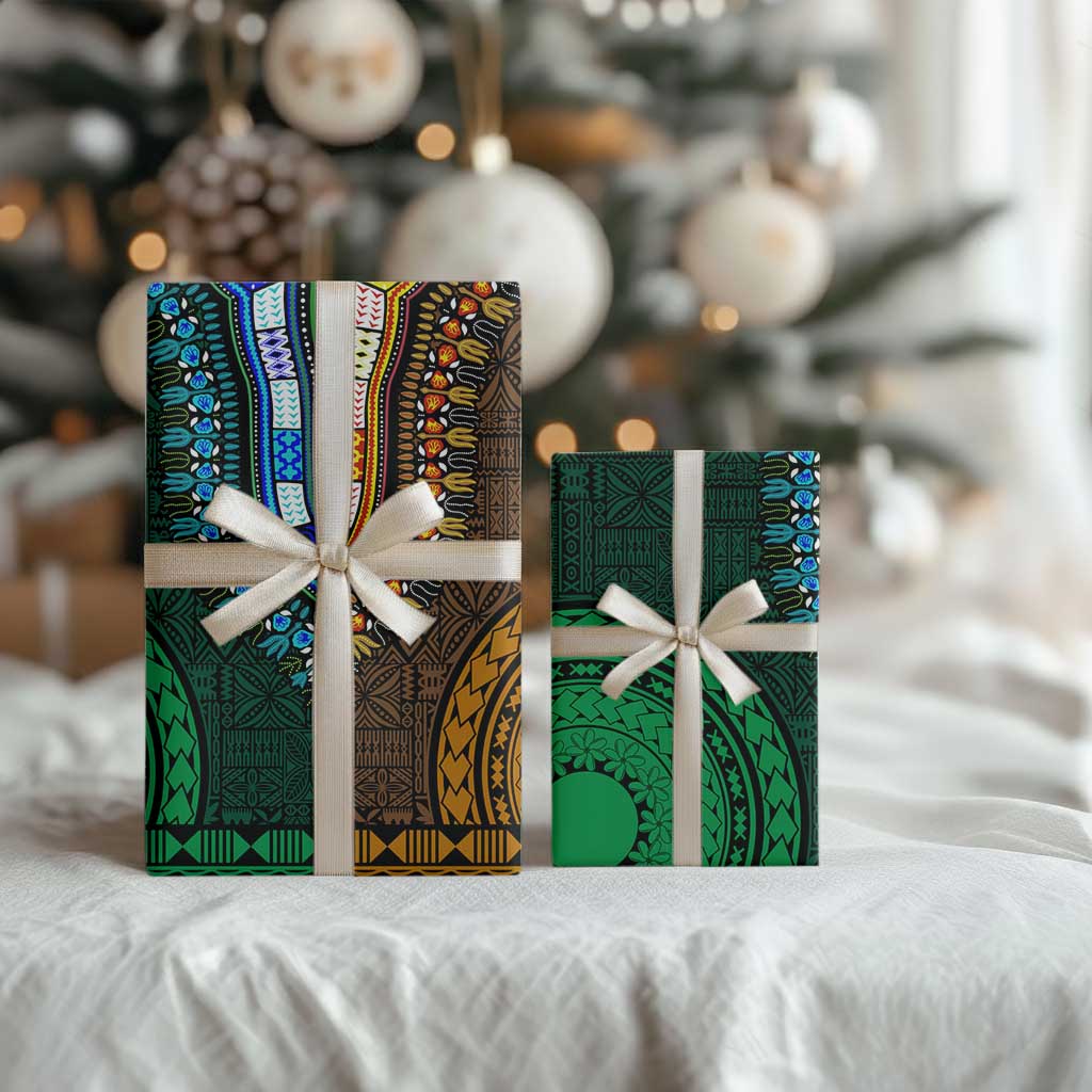 Green-gold Dashiki and Tapa Pattern Wrapping Paper Africa and Polynesia Together Culture - African Pride