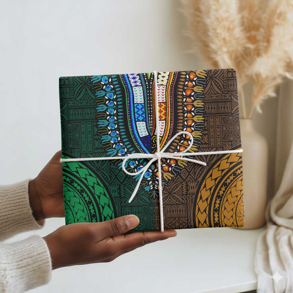 Green-gold Dashiki and Tapa Pattern Wrapping Paper Africa and Polynesia Together Culture - African Pride