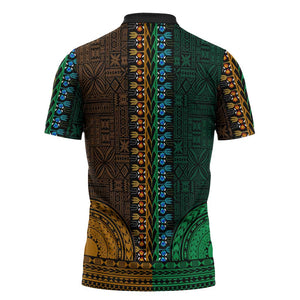 Green-gold Dashiki and Tapa Pattern Zipper Polo Shirt Africa-Polynesia Together Culture