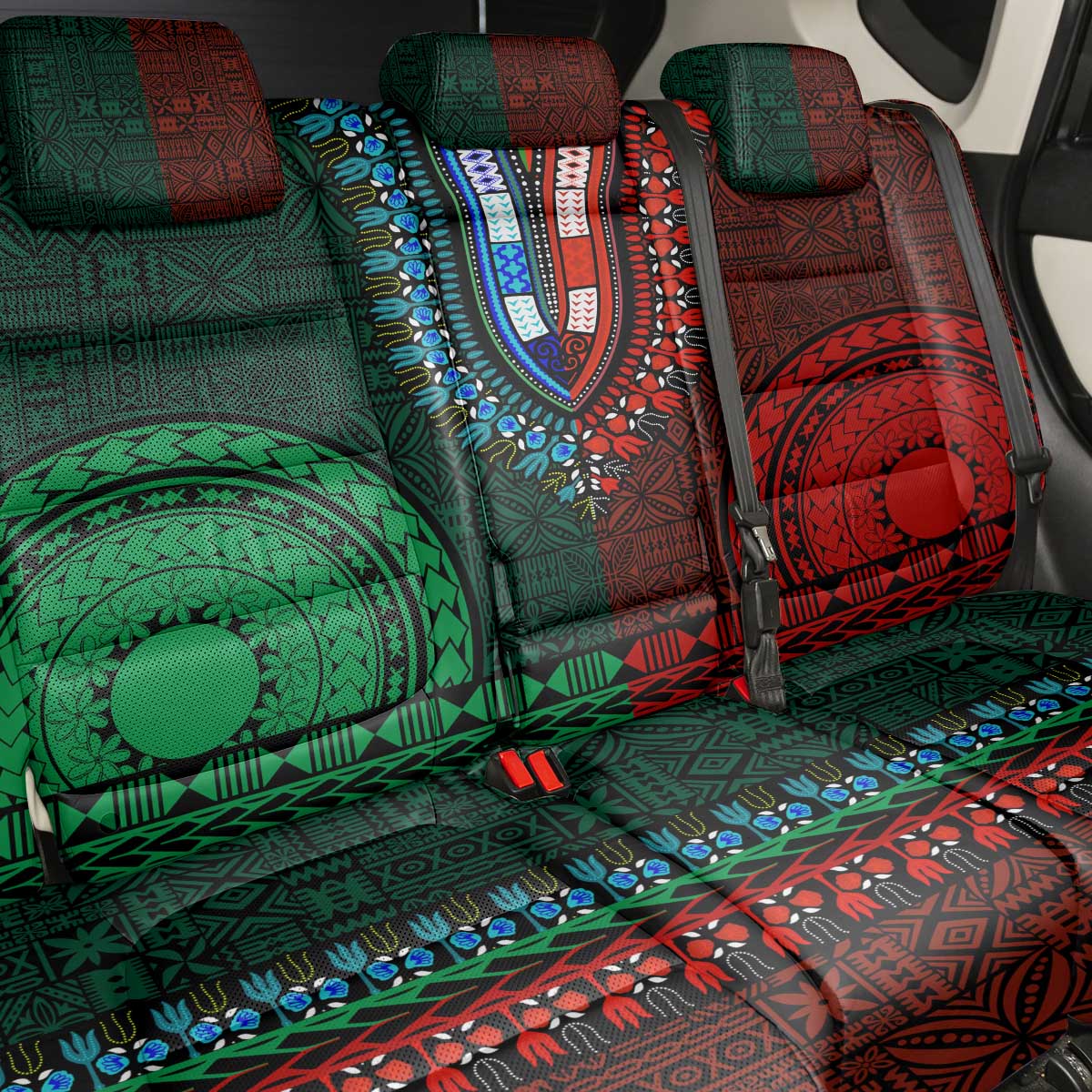 Green-red Dashiki and Tapa Pattern Back Car Seat Cover Africa-Polynesia Together Culture