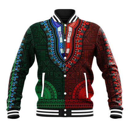 Green-red Dashiki and Tapa Pattern Baseball Jacket Africa-Polynesia Together Culture