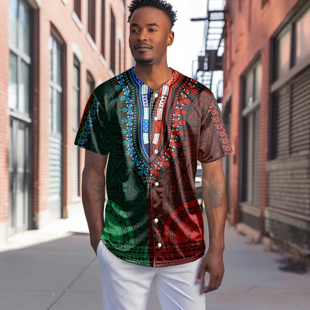 Green-red Dashiki and Tapa Pattern Baseball Jersey Africa-Polynesia Together Culture