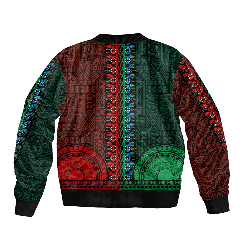 Green-red Dashiki and Tapa Pattern Bomber Jacket Africa-Polynesia Together Culture