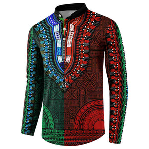 Green-red Dashiki and Tapa Pattern Button Sweatshirt Africa-Polynesia Together Culture