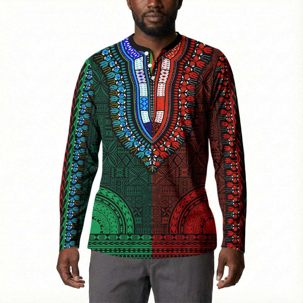 Green-red Dashiki and Tapa Pattern Button Sweatshirt Africa-Polynesia Together Culture