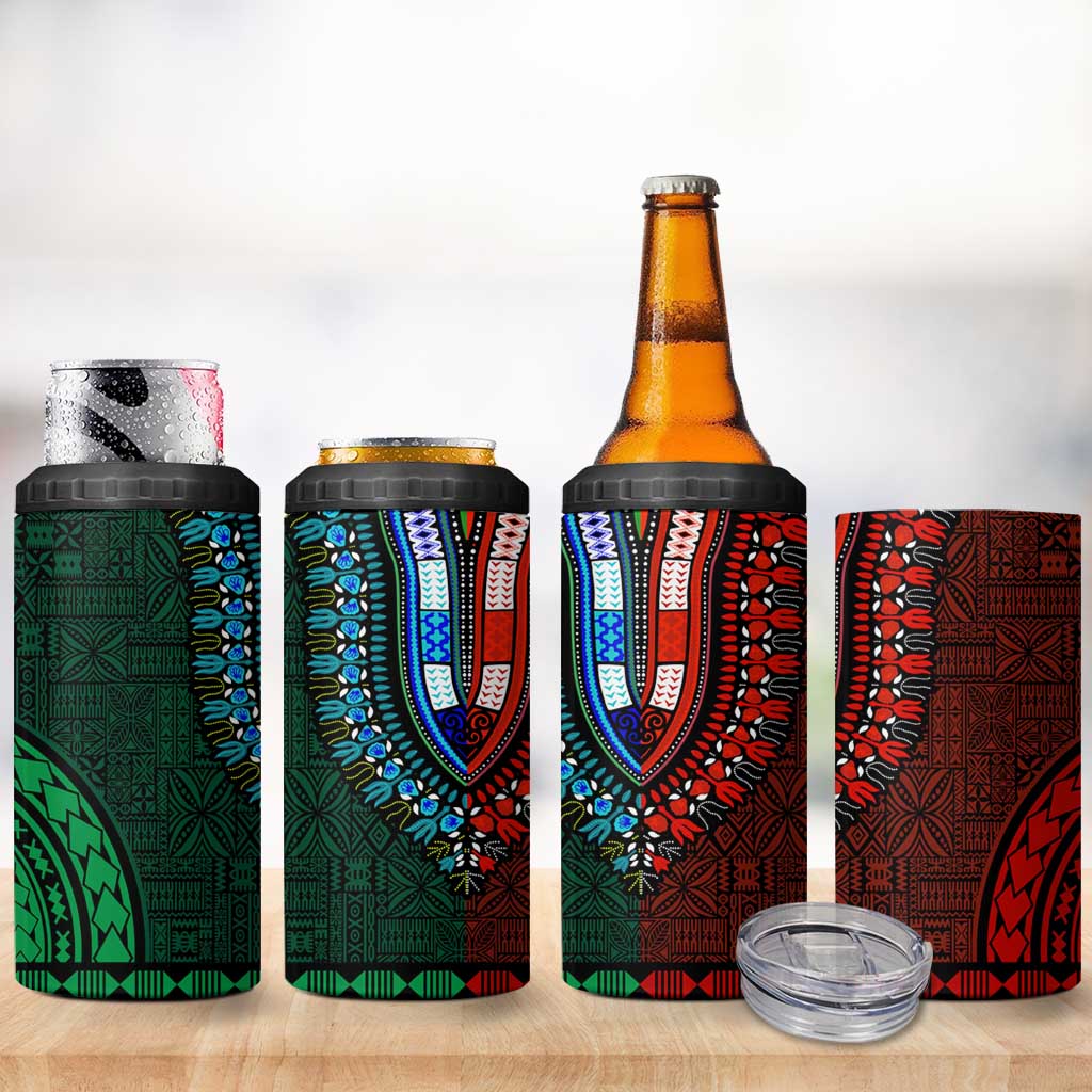 Green-red Dashiki and Tapa Pattern 4 in 1 Can Cooler Tumbler Africa-Polynesia Together Culture