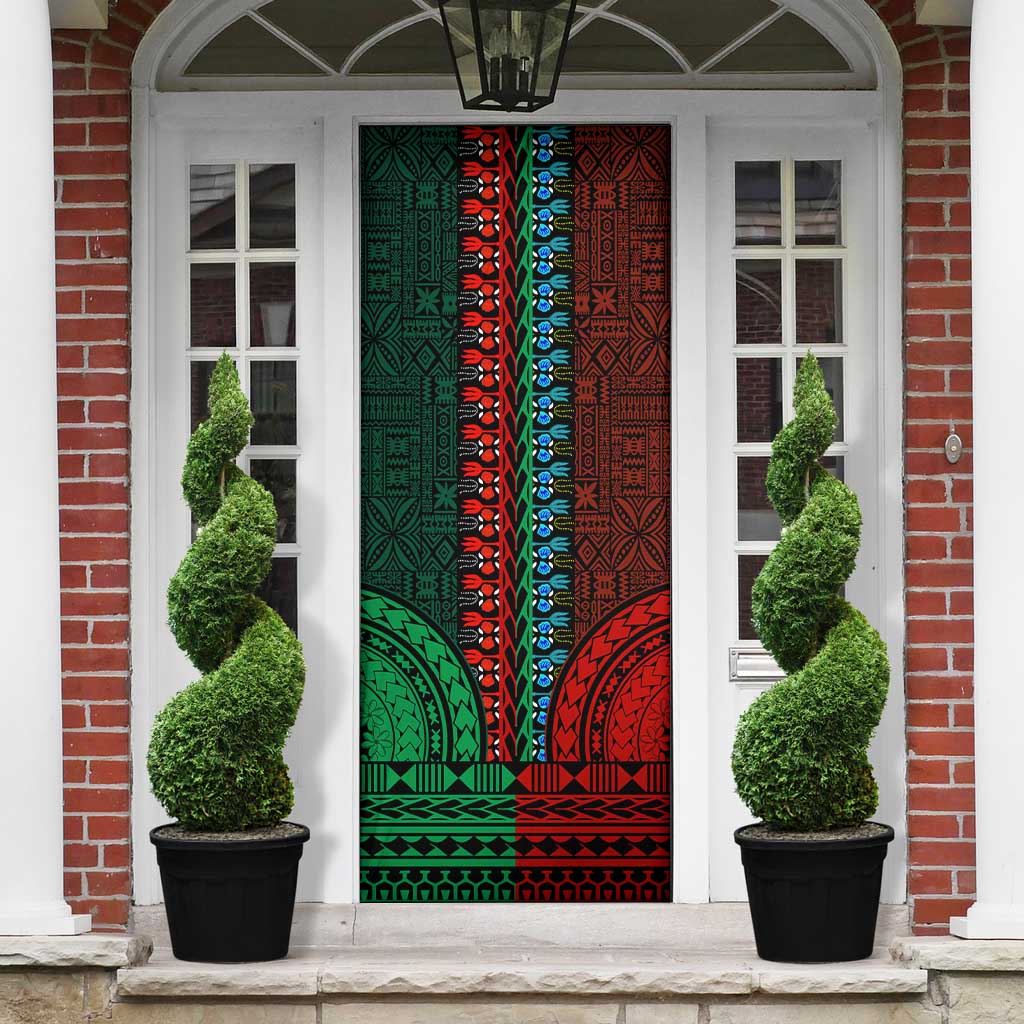 Green-red Dashiki and Tapa Pattern Door Cover Africa-Polynesia Together Culture
