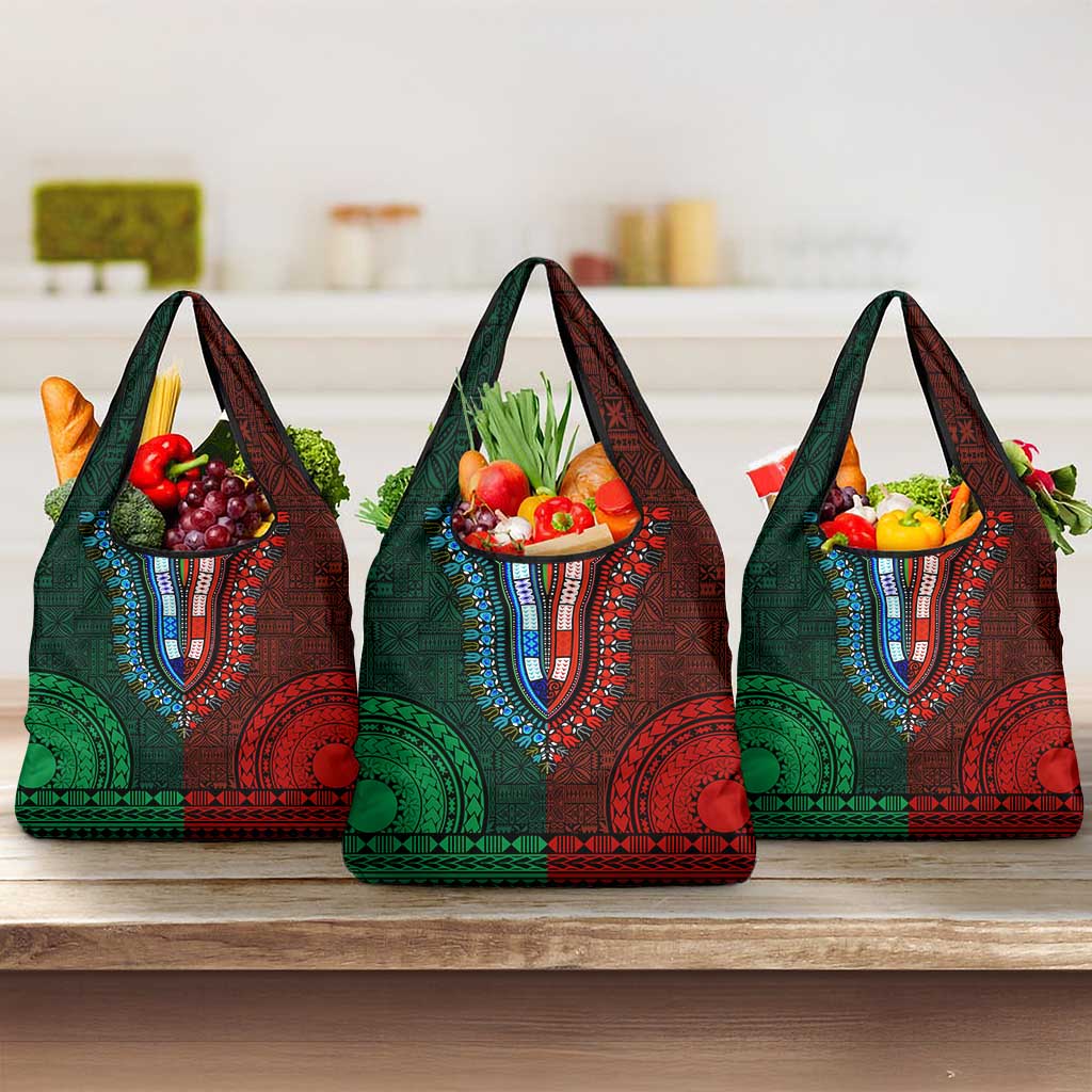 Green-red Dashiki and Tapa Pattern Grocery Bag Africa-Polynesia Together Culture
