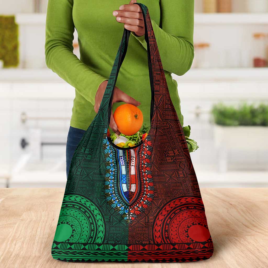 Green-red Dashiki and Tapa Pattern Grocery Bag Africa-Polynesia Together Culture