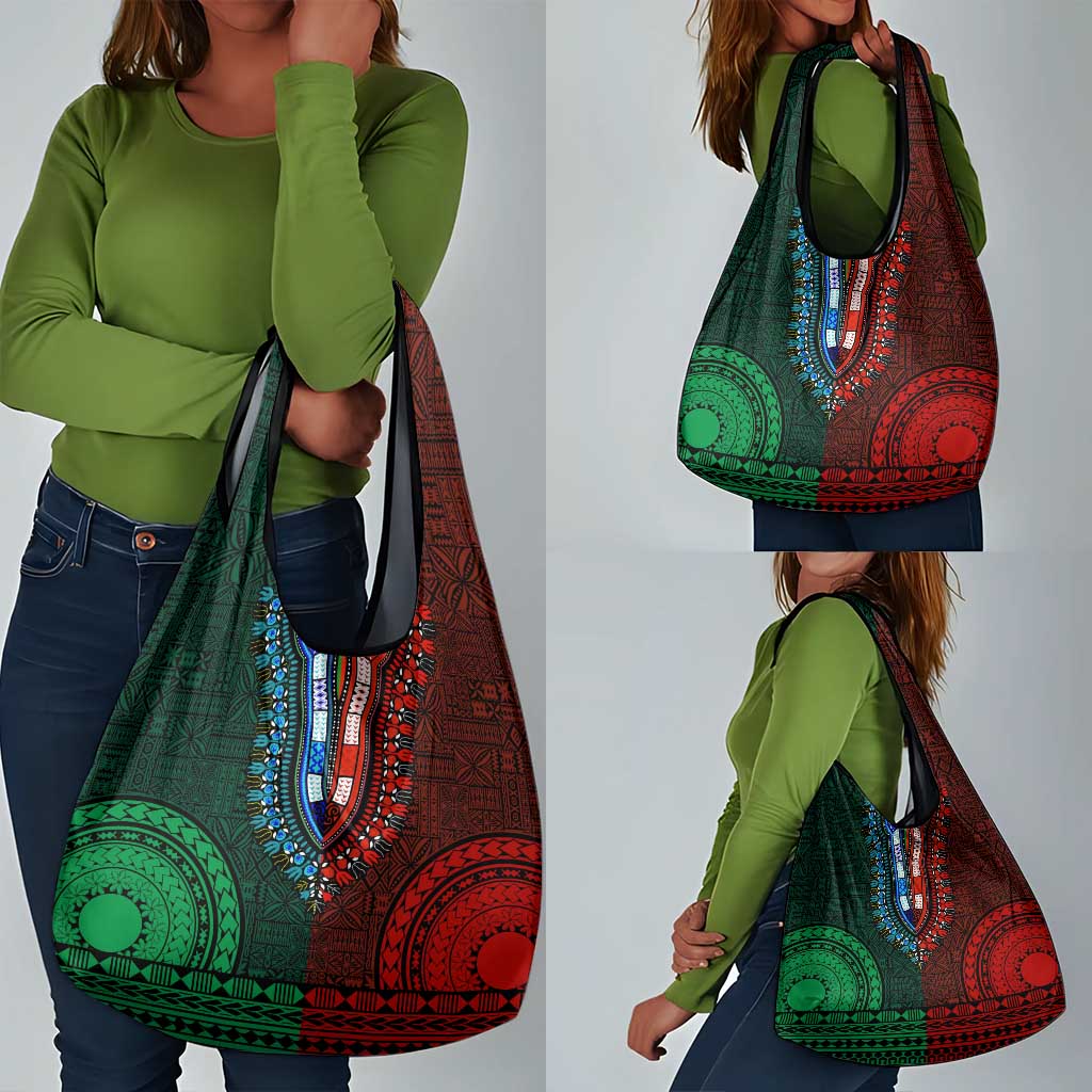 Green-red Dashiki and Tapa Pattern Grocery Bag Africa-Polynesia Together Culture