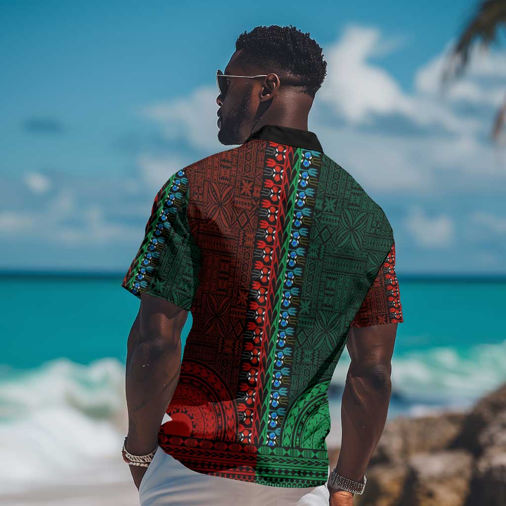 Green-red Dashiki and Tapa Pattern Hawaiian Shirt Africa-Polynesia Together Culture