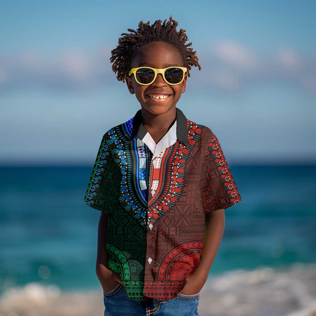 Green-red Dashiki and Tapa Pattern Kid Hawaiian Shirt Africa-Polynesia Together Culture