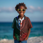 Green-red Dashiki and Tapa Pattern Kid Hawaiian Shirt Africa-Polynesia Together Culture