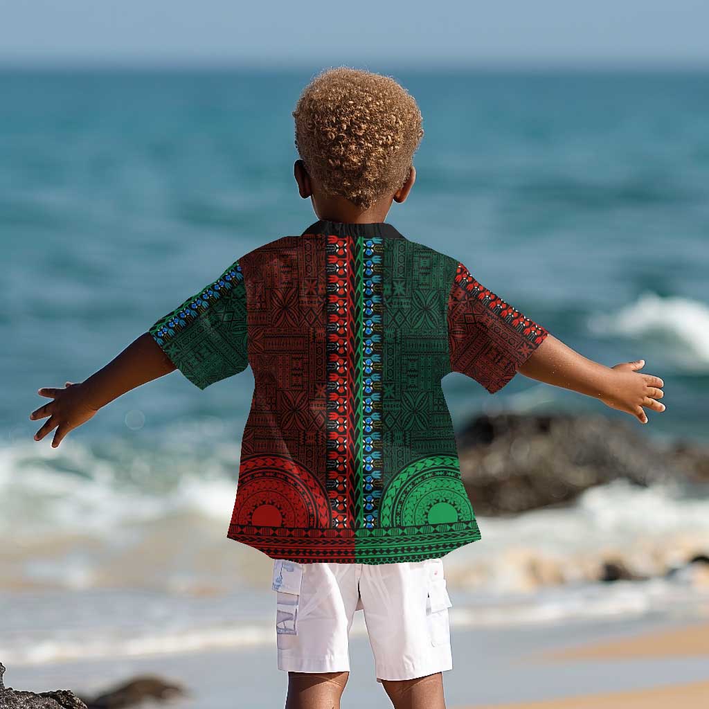Green-red Dashiki and Tapa Pattern Kid Hawaiian Shirt Africa-Polynesia Together Culture