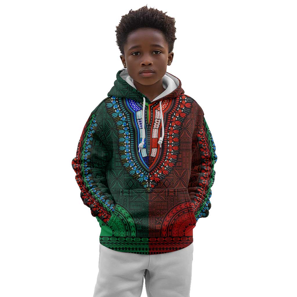 Green-red Dashiki and Tapa Pattern Kid Hoodie Africa-Polynesia Together Culture