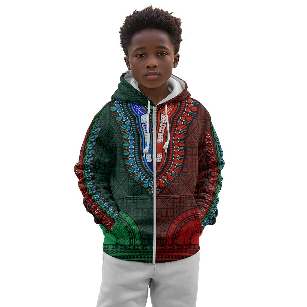 Green-red Dashiki and Tapa Pattern Kid Hoodie Africa-Polynesia Together Culture