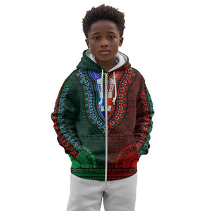 Green-red Dashiki and Tapa Pattern Kid Hoodie Africa-Polynesia Together Culture