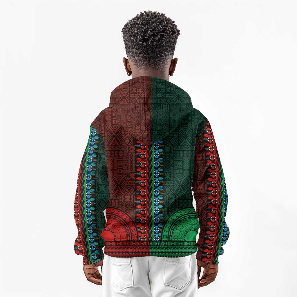 Green-red Dashiki and Tapa Pattern Kid Hoodie Africa-Polynesia Together Culture